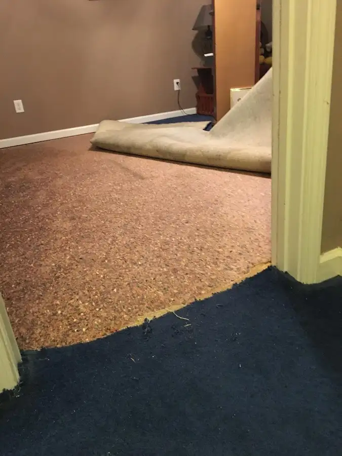Carpet pad removal revealing water damage during Water Mitigation Services in Eudora
